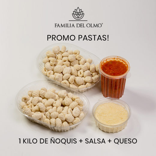 Promo pastas, 1 kilo de ñoquis más salsa más queso Familia del Olmo