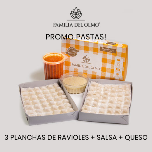 Promo pastas, 3 planchas de ravioles más salsa, más queso Familia del Olmo